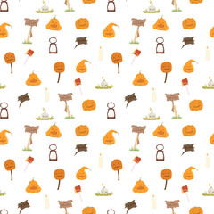 Seamless vector pattern of pumpkin, candle, candlestick, skull and sweets. Autumn pattern for halloween decor. Illustration on a white background for print, decoration, web, sites, design