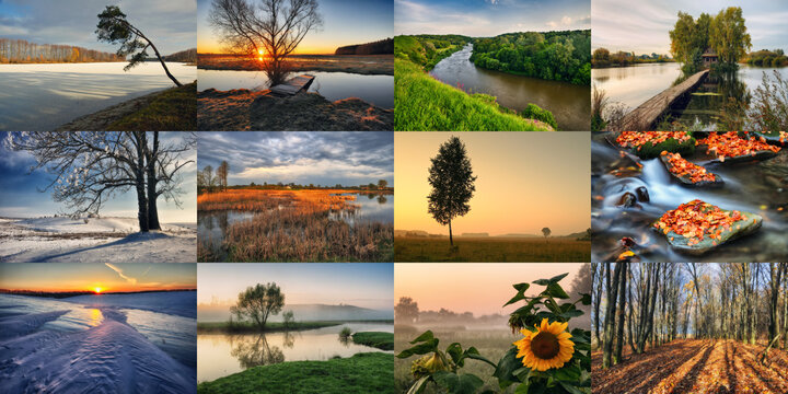 Twelve Colored Images of landscape For Calendar. four seasons: winter, spring, summer, autumn
