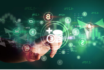 Business person hand pushing currency symbol on multimedia touch screen