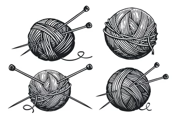 Foto op Aluminium Balls of yarn, knitting needles. Clews, skeins of thread. Tools female hobby handicraft, hand-knitting sketch © ~ Bitter ~