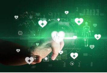 Doctor hand pressing futuristic health device with medical symbol on screen