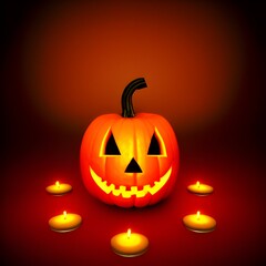 Creepy helloween pumpkin head lighted with candle 3d illustration