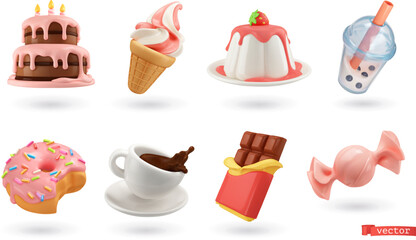 Sweet food. 3d vector icon set. Cake, ice cream, panna cotta, bubble tea, donut, cup of coffee, chocolate, candy - 540345320