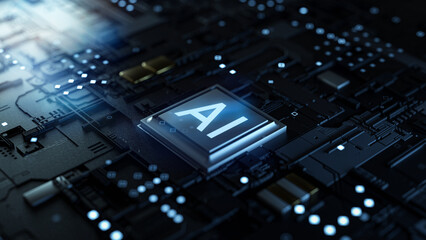 Computer mother board chip with AI text and glowing circuit background. Concept for artificial intelligence, big data, machine learning, robot trading, cryptocurrency. 3D Rendering