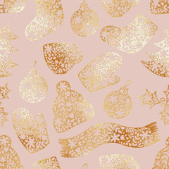 Rose gold. Vector seamless pattern with rose gold effect. Gold foil texture. Winter pattern. - 540346116