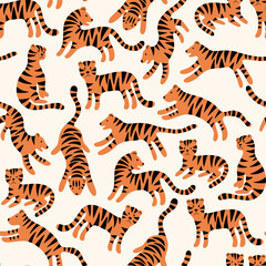 Fototapeta na wymiar Tigers. Vector seamless pattern with tigers in cartoon style. Cute seamless background for baby clothes and textiles