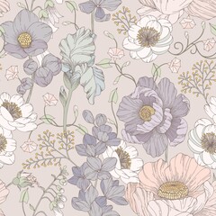 Vector seamless pattern with flowers. Delicate vector background for printing on fabric, wallpaper and other surfaces - 540346140