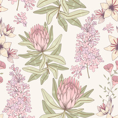 Seamless vector pattern with lilac and protea. - 540346141
