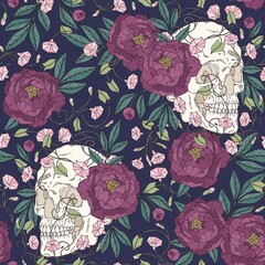 Vector seamless pattern with human skull and flowers. Vector background for printing on fabric and other surfaces - 540346143
