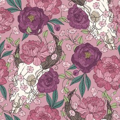 Vector seamless pattern with skulls and peonies. Vector background for printing on fabric and other surfaces - 540346147