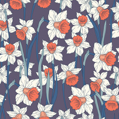 Floral seamless vector pattern with narcissus flowers - 540346149