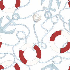 Marine pattern. Vector seamless pattern with lifebuoy and anchor. - 540346164