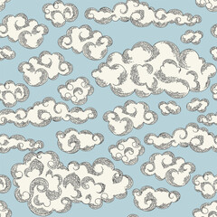 Vector seamless pattern with clouds. Sky pattern on a blue background. - 540346172
