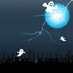 happy halloween with ghost and lightning thunderstorm in the dark night of graveyard background concept, empty space for display logo and content, A ghost hand emerged from the ground on full moon.