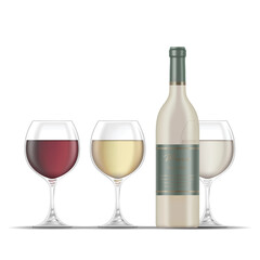 White Wine Bottle and Three Wine Glasses