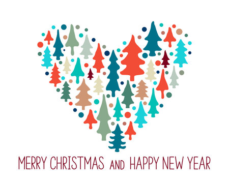 Merry Christmas and Happy New Year winter banner. Christmas trees and snow in the shape of a heart on a white background.
