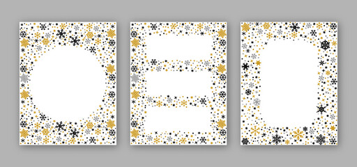 Snowflake black gold silver linear border. Merry Christmas and Happy New Year greeting card poster banner template. Winter ornate ice star background. Copy space snow flakes frame. Xmas letter decor