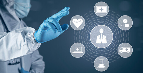 Medical icons on a virtual screen.