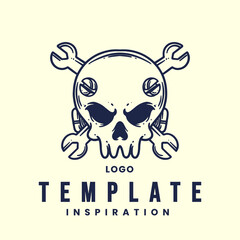 Emblem, logo template with human skull head. monochrome design element with skull