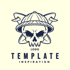 Emblem, logo template with human skull head. monochrome design element with skull