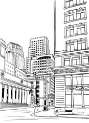 Urban landscape. Modern San Francisco. California, USA, Hand drawn sketch style. Urban sketch. Line art. Ink drawing. Vector illustration on white for postcards. Without people.