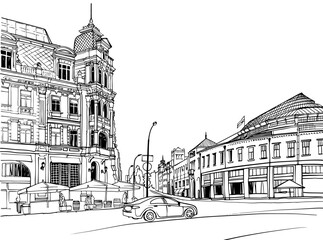 Nice cityscape of the old Kiev, Ukraine. Urban landscape in hand drawn sketch style. Ink line sketch. Vector illustration on white. Postcard style. Urban sketch. Without people. - 540349373