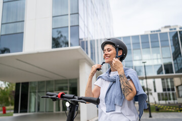 one woman mature senior female putting on safety protective helmet