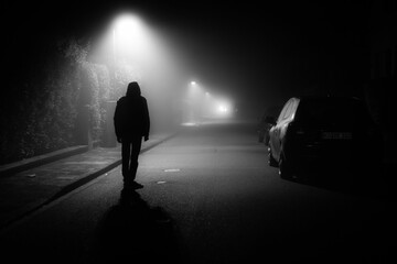 Grayscale silhouette of a man with hoody walking in a dark and empty street