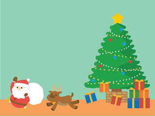 サンタとトナカイとプレゼントのコピースペースのある背景イラスト。