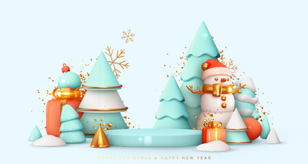 Winter stage podium, round studio for promo sale. Realistic 3d design in cartoon style. Light blue Christmas trees in snow. Merry Christmas and Happy New Year holiday background. vector illustration