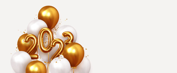 Happy New Year 2023. Realistic gold and white balloons. Background design metallic numbers date 2023 and helium ballon on ribbon, glitter bright confetti. Vector illustration