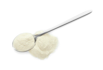 Spoon and pile of agar-agar powder on white background, top view