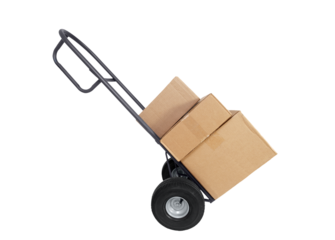 Large furniture dolly with brown shipping boxes isolated.