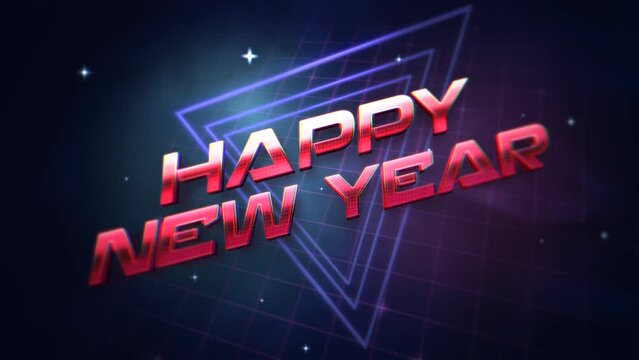 Happy New Year with neon retro triangles and stars in 80s style, motion abstract winter holidays, club and entertainment style background
