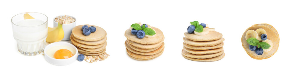 Set with tasty oatmeal pancakes on white background. Banner design