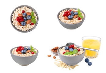 Set with tasty oatmeal porridge served with berries, fruits and nuts on white background