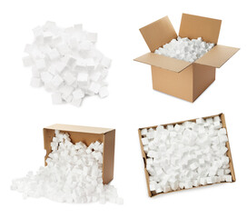 Set with cardboard boxes with styrofoam cubes on white background