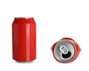 Whole and crumpled aluminum cans on white background