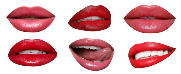 Attractive lips with beautiful lipsticks isolated on white, collage. Banner design