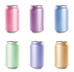 Set with different colorful aluminium cans of beverage on white background