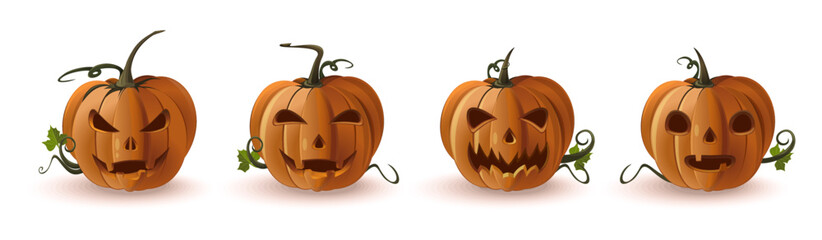 Set of funny grinning pumpkins for Halloween. Smiling pumpkin on a white background. Halloween design. Vector illustration