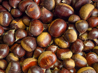 chestnut nuts. Background of nuts without shells. Snack on the table. Unpeeled nuts. Lots of chestnuts. Hearty ingredient. Tasty food. Market stall. Choice of ingredients for dinner. Healthy food 