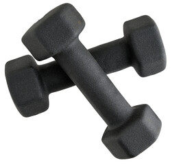 Pair of small black dumbbells coated in rubber
