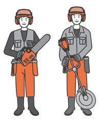 チェーンソーや草刈り機を持つ林業関係者のベクターイラスト素材／第一次産業／山／林