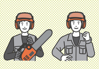 チェーンソーを持ったり、ガッツポーズをとる林業関係者のベクターイラスト素材／第一次産業／山／林