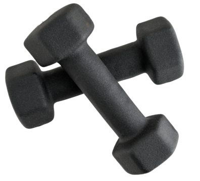 Pair of small black dumbbells coated in rubber
