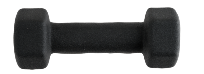 Single small black dumbbell coated in rubber
