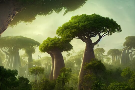 Fantasy Concept Showing A Madagascar Fat Ol Baobab Trees. Digital Art Style, Illustration Painting , Horizontal Side View, Skyline