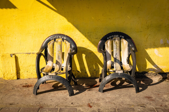 Two Chairs Made Out Of Old Tyres