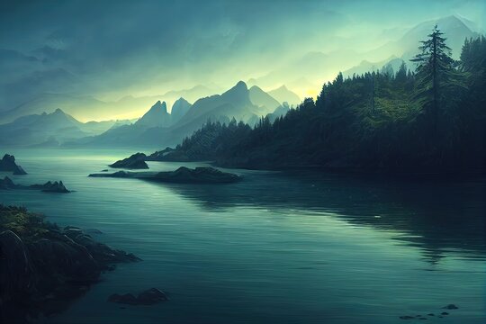 Fantasy concept showing a Nootka Island, Vancouver Island, Canada. digital art style, illustration painting , horizontal side view, skyline